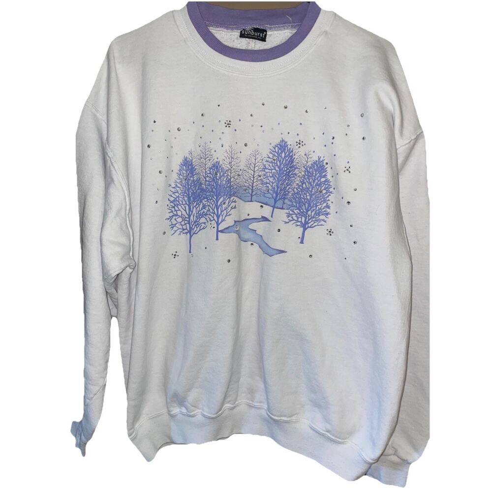 Sunburst By Morning Sun Vintage Women’s Embroiled Sweatshirt Winter Scene Sz L
